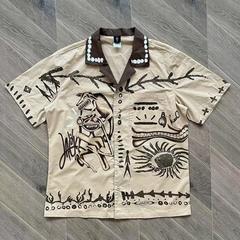 23SS Летняя рубашка Поло с граффити Трэвиса Скотта с коротким рукавом и воротником-стойкой Унисекс, маленькая пара, американская мода