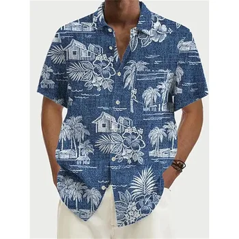 2023 мужская рубашка coconut tree, винтажная рубашка с принтом, повседневная рубашка Harajuku с коротким рукавом, одежда оверсайз, тонкий свободный V-образный вырез, 5xl