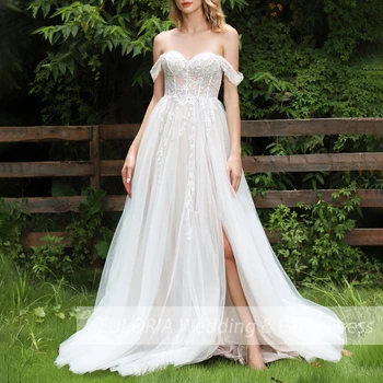 Свадебное платье в стиле бохо, кружевное свадебное платье с открытыми плечами, расшитое блестками, плюс размер robe de mariee, Свадебное платье трапециевидной формы