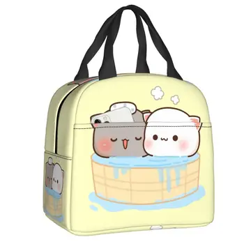 Изолированная сумка для ланча Peach Goma для работы и школы, водонепроницаемый термоохладитель Kawaii Mochi Cat, коробка для бенто для женщин и детей