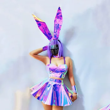 Певица ночного клуба GOGO Dancer Головной убор с кроликом Фиолетовое Лазерное платье Для танцев на шесте, Топы, Юбка, Фестивальный Рейв-наряд DWY8498