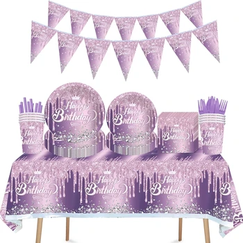 Фиолетовая бриллиантовая корона тема с Днем Рождения Одноразовая посуда Салфетки Тарелки Чашки баннерные шарики украшение свадьбы для взрослых