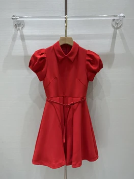 Новое весеннее красное женское платье с пышными рукавами и поясом, туника, однотонный отложной воротник, Элегантный, шикарный, сладкий, Высокое качество, роскошь подиума.