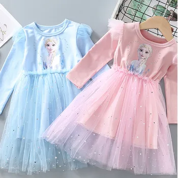 Сетчатое платье принцессы Эльзы с длинными рукавами и пайетками для девочек, розовое, голубое, весна-осень, замороженные детские, бальные платья для детей 2-11 лет