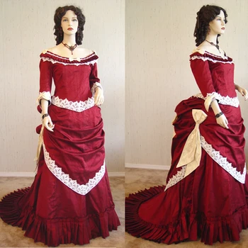 Викторианское платье 1860-х годов, красное платье вампира, готическое платье королевы, Маскарадная одежда с открытыми плечами, бальное платье