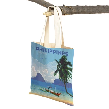 Карта модного города Филиппины Нью-Йорк Париж Испания Сумки для покупок Женская сумка-тоут с обеих сторон Повседневная холщовая женская сумка для покупок