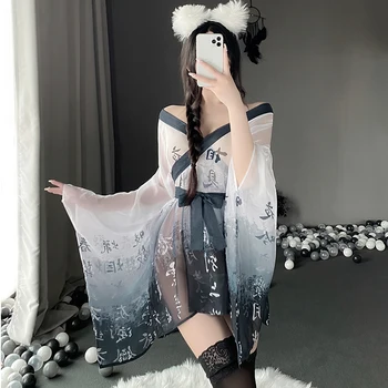 Японское Кимоно Женское Сексуальное белье Прозрачная сетчатая ночная рубашка Халат Пижама Искушение Пижамные халаты косплей сексуальный костюм