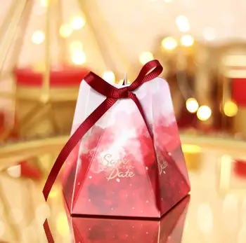 Новый дизайн, 50 шт., коробка конфет в виде пятиугольника, вырезанная лазером, Коробки конфет с лентой для свадебной вечеринки, подарок в честь Дня рождения ребенка