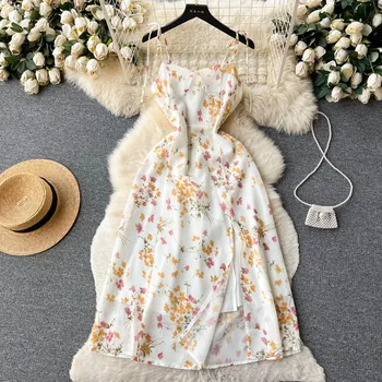 Милое платье-комбинация с цветочным принтом, платье трапециевидной формы с открытыми плечами, шикарное летнее Корейское модное пляжное платье, женский сарафан для отпуска