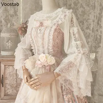 Японские винтажные Викторианские блузки в стиле Лолиты, средневековые женские Элегантные рубашки принцессы с расклешенными рукавами и кружевным бантом, женские милые блузки-топы