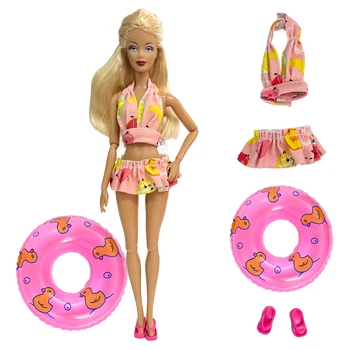 1 комплект летнего купальника + Случайный спасательный круг + тапочки, Пляжные розовые купальники, обувь для плавания, одежда для кукол Барби, аксессуары