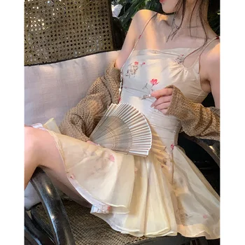 Женское платье, короткая юбка абрикосового цвета, летняя новинка, модное платье в китайском стиле с подтяжками, женское дизайнерское платье, бальное платье, короткая юбка