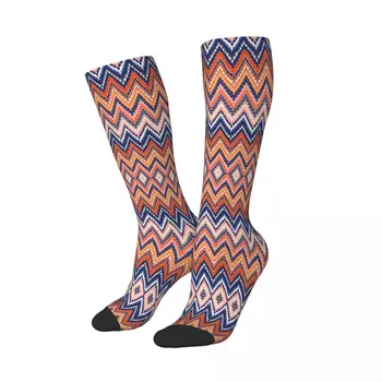 Камуфляжные Зигзагообразные Абстрактные носки-трубки до колена для женщин, теплые модные Геометрические чулки-зигзаги в стиле Бохо