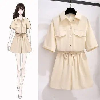 Комплект из рубашки и шорт с коротким рукавом, женский летний модный костюм свободного размера 2023, Новый Корейский уличный повседневный комплект рубашек