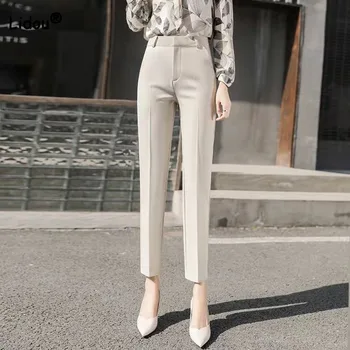 Женская одежда, модная простота, однотонные узкие укороченные брюки, весенние офисные женские универсальные брюки с карманами и высокой талией