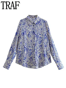 Атласная блузка с трафаретным принтом, женская синяя рубашка на пуговицах, женские весенние асимметричные рубашки и блузки для женщин, топ с длинным рукавом, женские