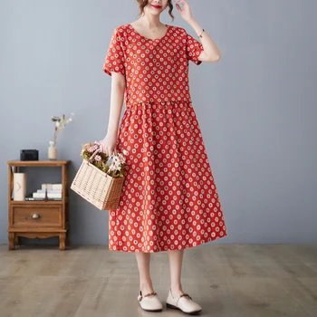 Новое поступление 2022 года, Мягкое уютное Свободное летнее платье с цветочным принтом, Офисное женское рабочее платье, женское повседневное красное платье миди для путешествий