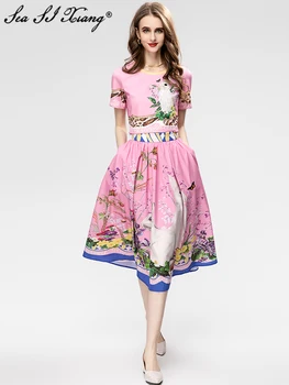 Seasixiang Модный Дизайнерский Весенне-летний женский костюм с короткими топами, расшитыми бисером + юбка с принтом, Уличный комплект из двух предметов