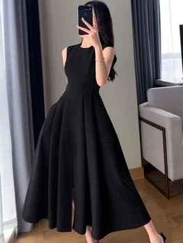 Летнее Новое Элегантное черное платье Миди без рукавов, женское цельное модное повседневное праздничное платье, женский халат