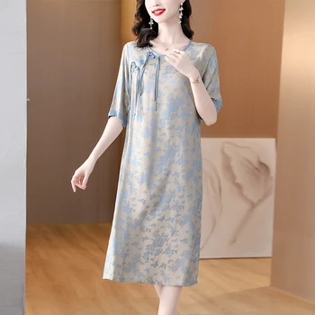 2023 Новое модное шелковое платье с принтом в китайском стиле, женское летнее элегантное универсальное повседневное праздничное платье свободного покроя, Vestidos