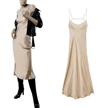 Осеннее новое французское сексуальное обтягивающее платье с юбкой, дизайн с вырезами, текстура шелкового атласа, стиль нижнего белья, женское платье на подтяжках без рукавов