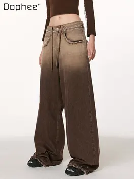 Женские мешковатые градиентные джинсы со шнуровкой до середины талии, модные весенние новые повседневные джинсовые брюки с карманами для бойфренда 2023 года для женщин