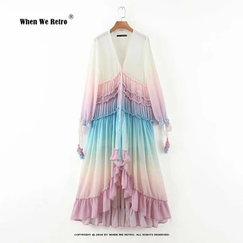 Градиентное шифоновое длинное платье с однобортными пуговицами цвета радуги, сексуальное женское платье трапециевидной формы, Праздничные платья в стиле бохо с кисточками и оборками, RS350