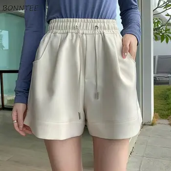 Спортивные шорты Женские с эластичным поясом, простые повседневные летние женские уличные костюмы в корейском стиле, винтажные универсальные для ежедневного отдыха
