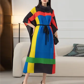 Высококачественное Плиссированное Платье Miyake Контрастного Цвета Сращивания, Женская Водолазка С рукавом 