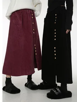 Женская вельветовая юбка в винтажном стиле Harajuku, Повседневная элегантная Длинная юбка трапециевидной формы, женская осенне-зимняя однотонная юбка с разрезом с высокой талией