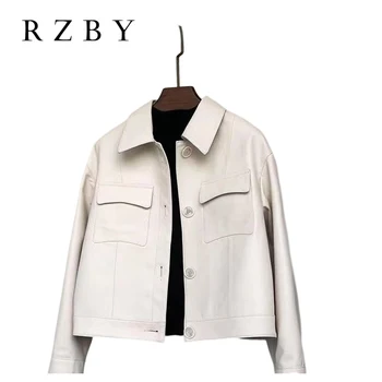Spring Sheepskin Real Leather Jackets Stylish Turn Collar кожаная куртка женская Overcoats Pockets Genuine Trench Coat RZBY2356