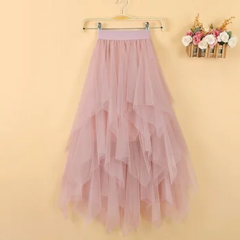 Женские юбки из тюля неправильной формы, Корейская модная эластичная юбка-пачка из сетки с высокой талией, плиссированные длинные юбки, юбка миди