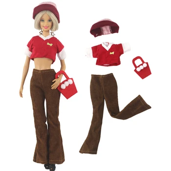 NK 4 предмета / комплект, Модные современные топы + Красная шляпа + Длинные брюки + Милые сумки для аксессуаров куклы Барби, Горячая распродажа детских игрушек