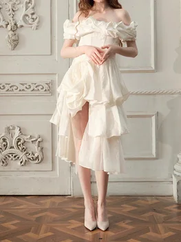 Весенне-летнее новое женское платье 2023, маленькое, свежее, средней длины, с пузырчатым рукавом, нерегулярной формы, с открытыми плечами, юбка-фея