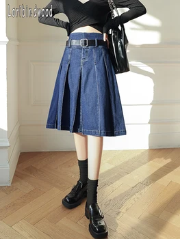 Loribindwood 2023 Корейская версия шикарной джинсовой юбки в стиле ретро с высокой талией, облегающая плиссированная юбка среднего фасона, юбка-зонтик трапециевидной формы
