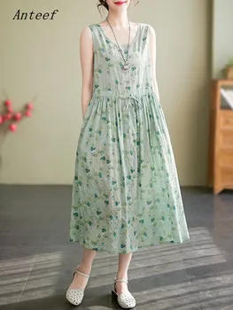 Хлопковые винтажные платья с цветочным рисунком без рукавов для женщин, повседневное свободное длинное летнее платье, элегантная одежда 2023