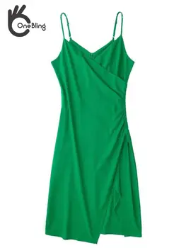 TRAF GAL 2022, Летнее зеленое женское сексуальное вечернее платье Traf, складки по бокам, Разрезные бретельки, V-образный вырез, миди-платье на молнии без рукавов
