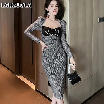 2022 Новый Корейский стиль Модное Элегантное Сетчатое платье средней длины с длинным рукавом и большим бантом Клубные вечерние платья для женщин Наряд