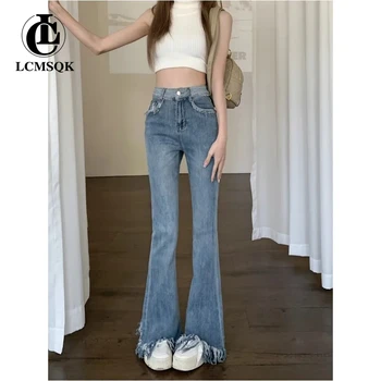 Женские джинсы Тренд 2023 Корейская уличная мода Женская одежда Y2k Винтажные джинсы Женские джинсовые брюки с высокой талией расклешенные синие