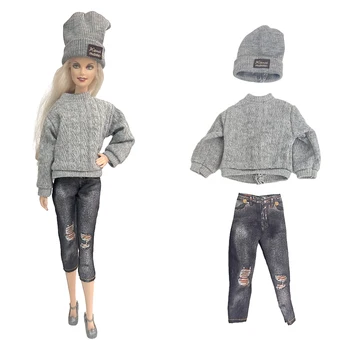 NK 1 комплект модного вязаного платья для куклы: милая шляпка + серый свитер для вязания из крученого теста + Имитация брюк для куклы Барби