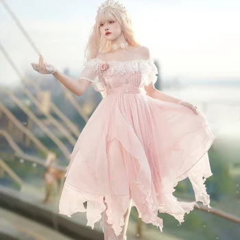 Розовое кавайное платье в стиле Лолиты с открытыми плечами, свадебное платье с цветочным рисунком, кружевное платье принцессы, летняя милая девушка