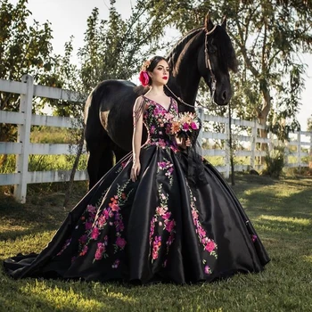 Черное бальное платье принцессы, пышное платье, сексуальное кружевное платье с V-образным вырезом, расшитое бисером, платье Crystal Sweet 16 на день рождения