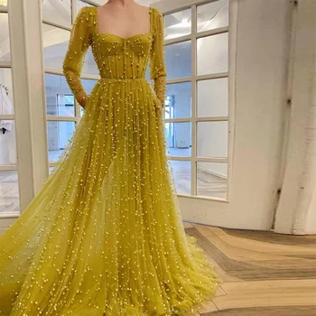 Элегантное желтое длинное платье для выпускного вечера трапециевидной формы, расшитое жемчугом, с длинным рукавом, без спинки, вечернее платье принцессы со шлейфом, вечернее платье Макси