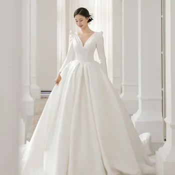 Платья невесты Свадебное платье из французского атласа с белым шлейфом для официальных мероприятий Плюс размер maxi Elegant H998