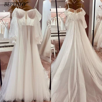 Элегантный вырез в виде сердечка, тюль с длинными рукавами, Свадебные платья с открытыми плечами, Свадебные платья трапециевидной формы, современное простое свадебное платье