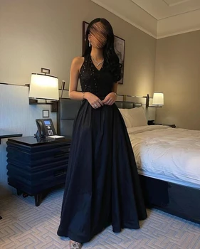 AsaNagi Black Halter Evening Dresses Ladies فستان اسود A Line Floor-Length Beading Prom Dress платья женские 2023