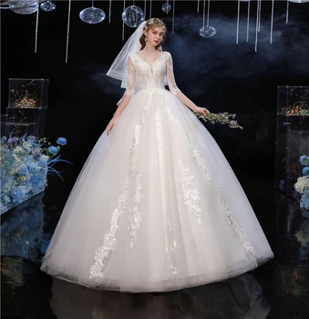 Свадебное платье Y & M Novias Sweet, новейшее кружевное платье с V-образным вырезом и коротким рукавом, с кружевной спинкой, свадебное платье для невесты, реальное фото