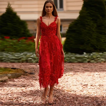 Красные 3D цветы, Красивое элегантное платье для выпускного вечера, V-образный вырез, без рукавов, Тюль, Трапециевидная длина по щиколотку, Женские вечерние платья для возвращения домой на заказ