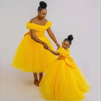 Желтые африканские платья для выпускного вечера с открытыми плечами и оборками, женское вечернее платье чайной длины с большим бантом, вечерние платья на продажу, платье для мамы