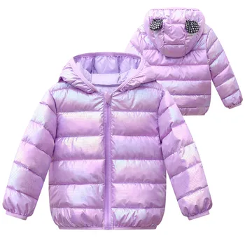 Модная блестящая зимняя одежда, детское пальто, пуховые хлопчатобумажные куртки для девочек и мальчиков с ушками, теплая детская одежда, Детская верхняя одежда на осень
